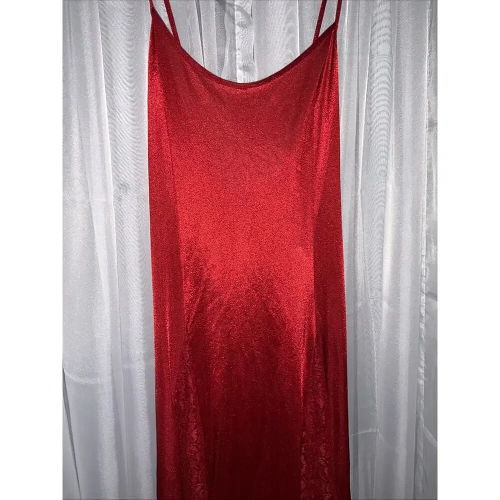 Vintage Petra Fashions Rich Crimson Red Silky Nightgown Lace Inset Panels Sz XL